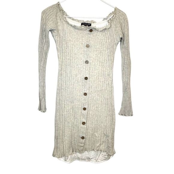 Fashion Nova Long Sleeve Lettuce Edge Off the Shoulder Beige Mini Dress Medium - Picture 1 of 3